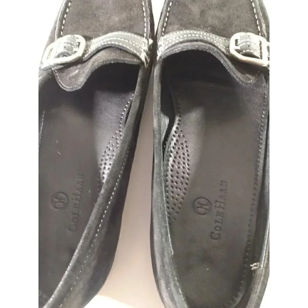Cole Hann Black Suede Loafers Gold Buckle Accent Sz 9.5 AA